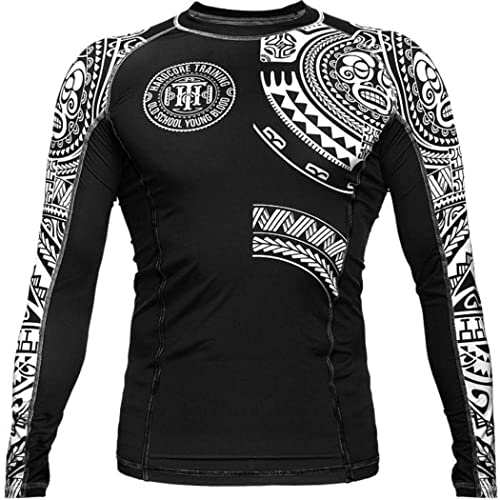 Hardcore Training Herren Rashguard Kompression Langarm Jiu Jitsu, MMA No-Gi, Tight BJJ Grappling Base Layer Combat, Schwarz Weiß, 4X-Groß von Hardcore Training