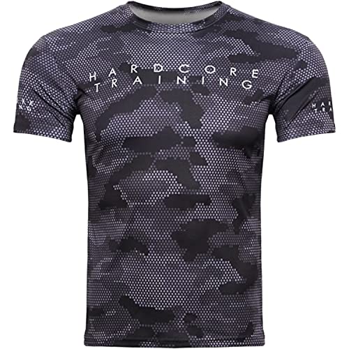 Hardcore Training Hexagon Camo Training T-Shirt Men's Schwarz Grau Kurzarm Schnelltrocknend Fitness Übung Laufen Workout Trainieren Radfahren Grey M von Hardcore Training