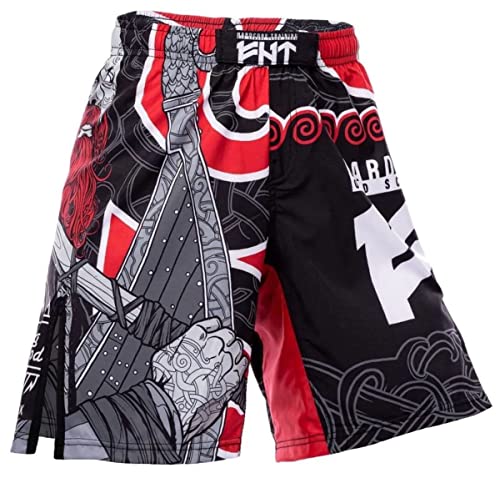 Hardcore Training Kids Boxing Shorts Kurze Hose Kinder Boxen Fitness Sportbekleidung Kinder Muay Thai BJJ Kickboxing (DE/NL/SE/PL, Alter, 16 Jahre, Regular, Schwarz Rot) von Hardcore Training