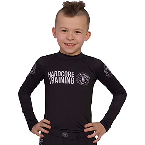 Hardcore Training Kids Rash Guard Recruit Kompressionshemd Kinder Unisex Lange Ärmel Kampfsport BJJ Fitness Boxen No Gi Kindersportbekleidung (Black, 10 Years) von Hardcore Training