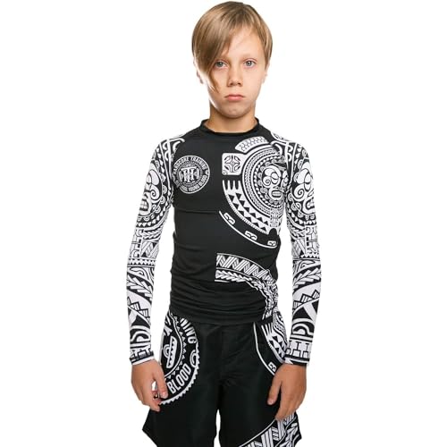 Hardcore Training Kids Rash Guard TA Moko Schwarz Kompressionshemd Lange Ärmel Kinder Fitness Grappling BJJ Grundschicht Sportbekleidung (DE/NL/SE/PL, Alter, 16 Jahre, Regular, Schwarz/Black) von Hardcore Training