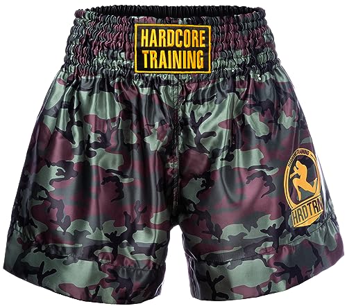 Hardcore Training Klassische Muay Thai Shorts Schwarz Weiß Rot Camo Blau Kickboxen MMA Kampf Sport Sparring Trunks, Camouflage Grün, Klein von Hardcore Training