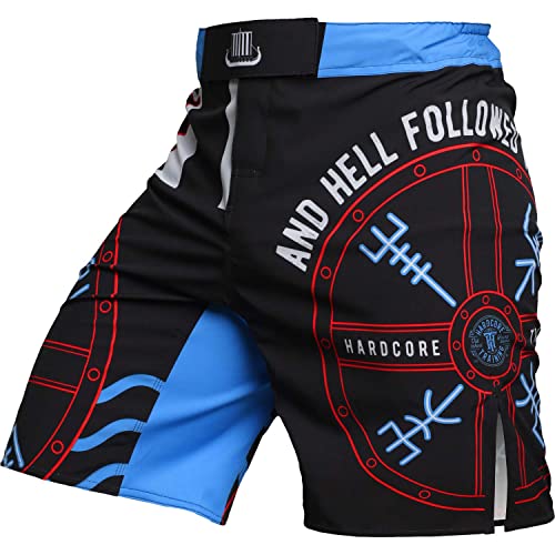 Hardcore Training Fight Shorts Viking Kurze Hose Herren Kampfshorts Männer BJJ Grappling Boxen MMA No Gi Crossfit Workouts (DE/NL/SE/PL, Alphanumerisch, XS, Regular, Regular, Black Blue) von Hardcore Training