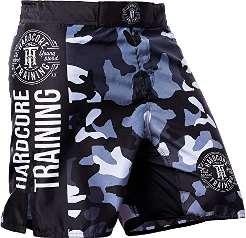 Hardcore Training Recruit Fight Shorts Kurze Hose Herren MMA BJJ Grappling Fitness Boxen Muay Thai No Gi (Camo Grey, XXL) von Hardcore Training