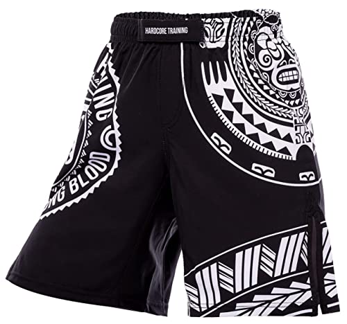 Hardcore Training Kids Boxing Shorts Kurze Hose Kinder Boxen Fitness Sportbekleidung Kinder Muay Thai BJJ Kickboxing (DE/NL/SE/PL, Alter, 8 Jahre, Regular, Black/White) von Hardcore Training