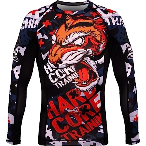 Hardcore Training Rash Guard Men's Kompressionshemd Herren Lange Ärmel Grappling Jiu Jitsu MMA Fitness Boxen No Gi (DE/NL/SE/PL, Alphanumerisch, M, Regular, Regular, Navy Blue Red Black) von Hardcore Training