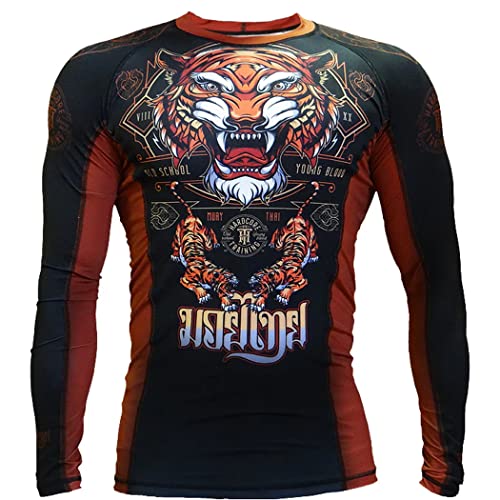 Hardcore Training Tiger Schwarz Rash Guard Men's Kompressionshemd Herren Lange Ärmel Grappling Jiu Jitsu MMA Fitness Boxen No Gi von Hardcore Training