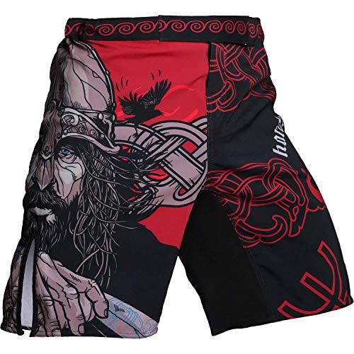 Hardcore Training Fight Shorts Viking Kurze Hose Herren Kampfshorts Männer BJJ Grappling Boxen MMA No Gi Crossfit Workouts (DE/NL/SE/PL, Alphanumerisch, L, Regular, Regular, Black Red) von Hardcore Training