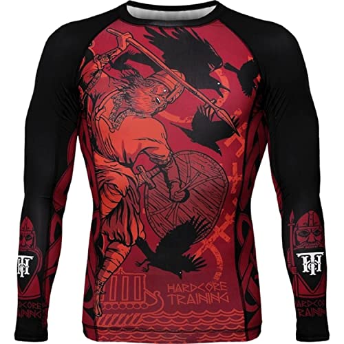 Hardcore Training Herren Rashguard Compression Long Sleeve Jiu Jitsu MMA No-Gi Tight BJJ Grappling Base Layer Combat, Schwarz/Rot, L von Hardcore Training