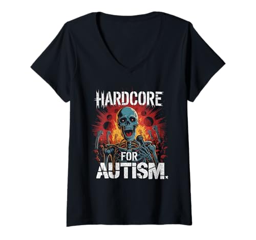 Damen Hardcore für Autismus Skelett schreiendes Mikrofon Feuermenge T-Shirt mit V-Ausschnitt Damen Hardcore für Autismus Skelett schreiendes Mikrofon Feuermenge T-Shirt mit V-Ausschnitt von HardcoreMind