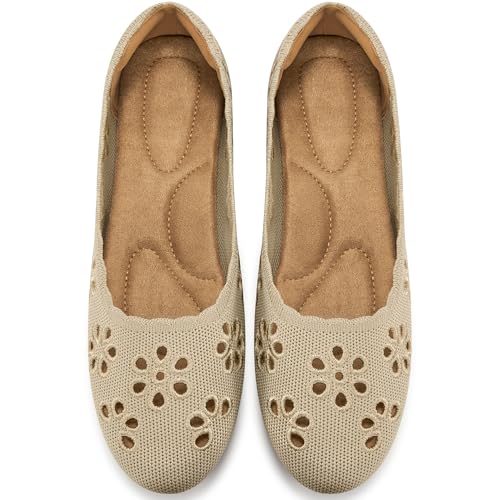 HARENCE Ballerinas für Damen: bequeme, runde Zehen, Sommer, Arbeit, Büro, flache Schlupfschuhe mit atmungsaktiven Blumenösen, Beige, 37.5 EU von Harence