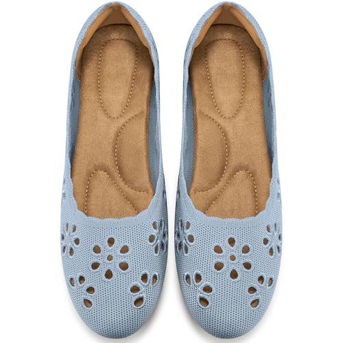 HARENCE Ballerinas für Damen: bequeme, runde Zehen, Sommer, Arbeit, Büro, flache Schlupfschuhe mit atmungsaktiven Blumenösen, Blau, 41 EU von Harence