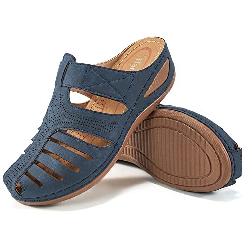 HARENCE Clogs für Frauen Sandalen Bequeme Sommer Pantoletten mit Fußgewölbeunterstützung Casual Walk Slide Sandale Slip On Keilschuhe für Frauen, Blau, 39 EU von Harence