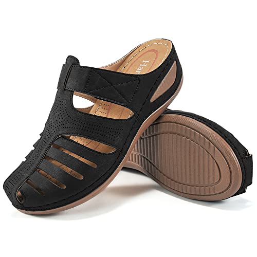 HARENCE Damen-Clogs, bequeme Sommer-Mokassins mit Fußgewölbeunterstützung, lässige Wanderschuhe, Keilabsatz, Schwarz , 39 EU von Harence