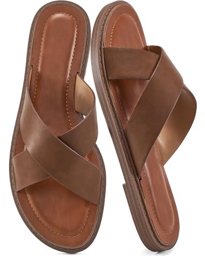 HARENCE Flache Damen-Sandalen: elegante Sommer-Slipper, flache Schuhe, bequem, offener Zehenbereich, Wandern, Strand, Schlupfsandalen, Braun, 37 EU von Harence