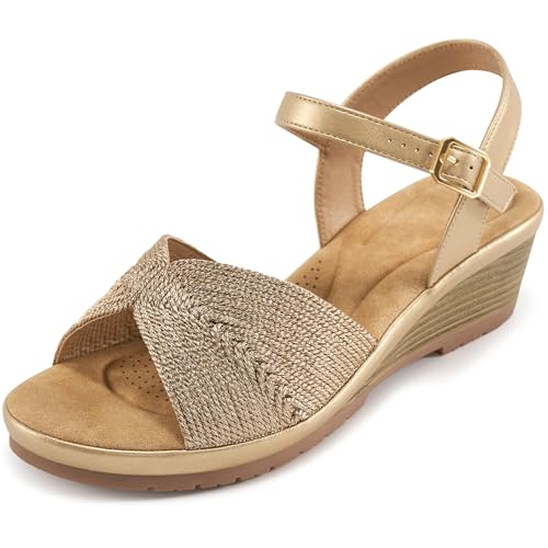 HARENCE Keilsandalen für Damen, elegant: bequeme offene Zehen, niedrige Plateau-Sandalen, Keilabsätze, lässig, Sommer, Hochzeitsschuhe, Champagner, 37.5 EU von Harence
