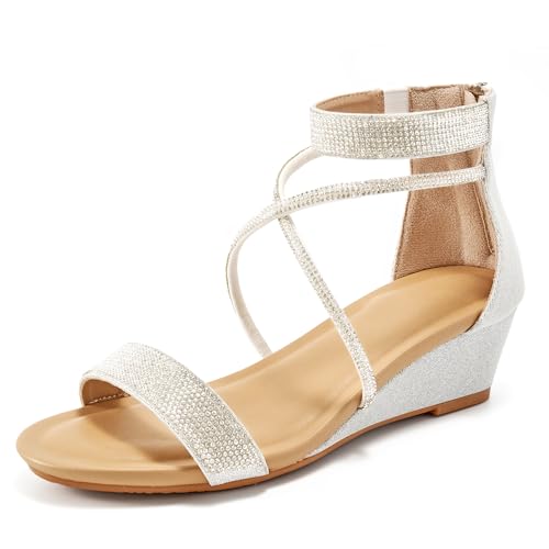 HARENCE Keilsandalen für Damen, elegant: bequemer Knöchelriemen, Reißverschluss, niedrige Absätze, modische glitzernde Sommersandalen, silber, 37.5 EU von Harence