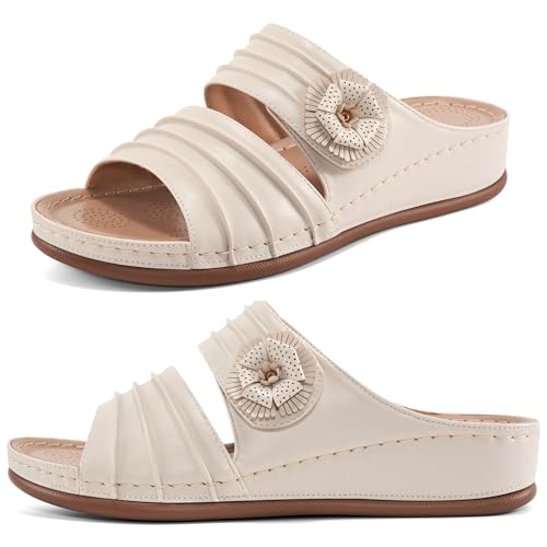 HARENCE Sandalen für Damen mit Keilabsatz: bequeme Sommer-Strand-Plateauschuhe mit Blumen, elegante Memory-Schaum-Slip-On-Sandalen, Beige, 41.5 EU von Harence