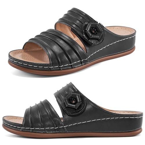 HARENCE Sandalen für Damen mit Keilabsatz: bequeme Sommer-Strand-Plateauschuhe mit Blumen, elegante Memory-Schaum-Slip-On-Sandalen, Schwarz, 37.5 EU von Harence