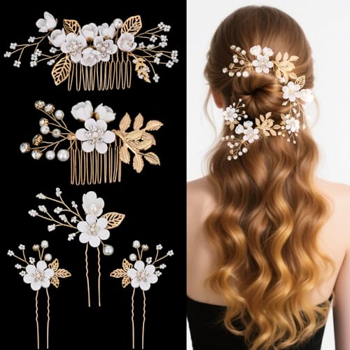Haarschmuck Hochzeit, 5 Stück Brautschmuck, Braut Haarschmuck, Blume Blatt Kopfschmuck für die Braut Frauen Brautjungfer von Hariendny