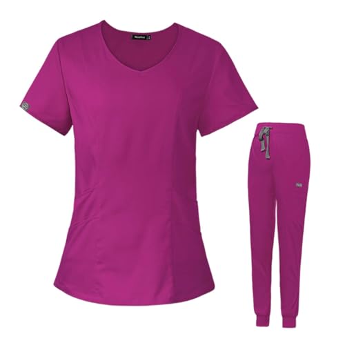Harilla Damen Uniform Peeling Set Oberteil und Hose Pflegeuniformen Set für Tierpflegerinnen, Rose Rot, S von Harilla