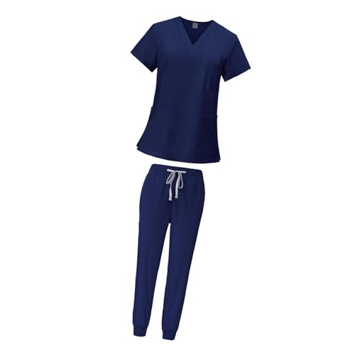 Harilla Peeling-Set für Frauen, Krankenschwester-Arbeitskleidung -Ausschnitt, professionelles maschinenwaschbares Oberteil und Jogginghose, Navy blau, S von Harilla