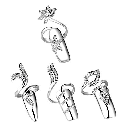 Harilla Set von 4 Strass Fingertip Öffnung Ring Einstellbar Nagel Schutz Abdeckung Ringe für Frauen, Silber von Harilla
