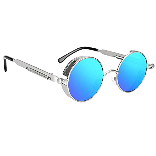 Harilla Mode Steampunk vintage Runde Sonnenbrille aus aus Kreis Rahmen Brille UV Schutz, sie ihre von kürzer- sichtbaren licht - Silber Blau von Harilla