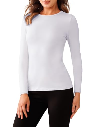 Harlamvar Große Größen Rundhalsausschnitt Pullover Thermoshirt Damen Thermo Langarmshirt Innenfleece Thermal Oberteil Langarm Unterwäsche Weiß von Harlamvar