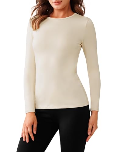 Harlamvar Langarm Thermounterwäsche Damen Pullover Oberteile Winter Rundhalsausschnitt Thermoshirt Innenfleece Thermo Base Layer Beige von Harlamvar