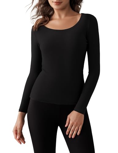 Harlamvar Rundhalsausschnitt Warme Thermounterwäsche Damen Winter Langarm Thermounterhemd Pullover Basisschicht Thermohemd Schwarz von Harlamvar