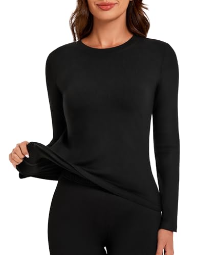 Harlamvar Warm Innenfleece Oberteile Damen Thermo Unterhemd Winter Thermoshirt Rundhalsausschnitt Langarmshirts Schwarz von Harlamvar