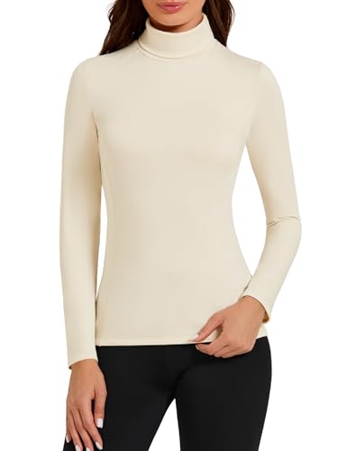 Harlamvar Winter Rollkragenpullover Langarmshirt Damen Gefüttert Thermounterwäsche Bequem Thermooberteil Beige von Harlamvar