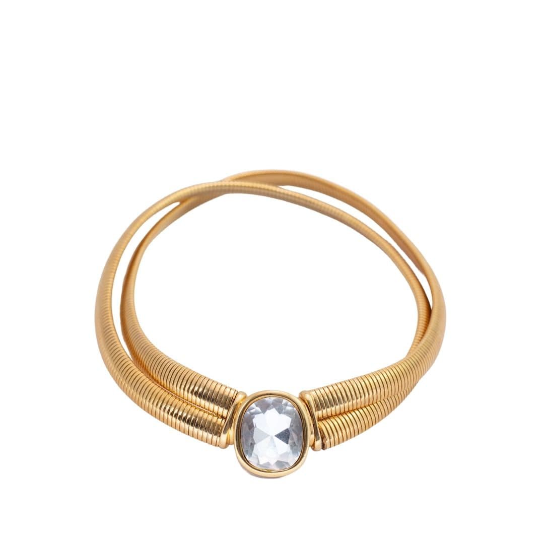 Signiert Kenneth Jay Lane Polished Gold Double Coil & Kristall Anhänger Halskette Signiert Kenneth Jay Lane Polished Gold Double Coil & Kristall Anhänger Halskette von HarlequinMarketHQM
