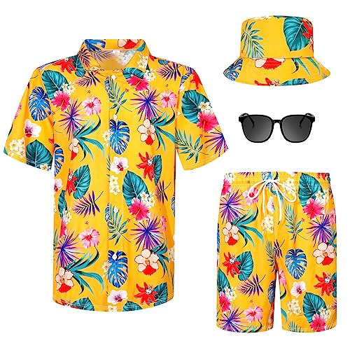 4-teiliges Hawaii-Hemd und kurzes Set für Herren, lässiges Button-Down-Sommer-Strand-Blumen-Outfits mit Hüten und Sonnenbrillen, Blumen und Blätter, Large von Harloon