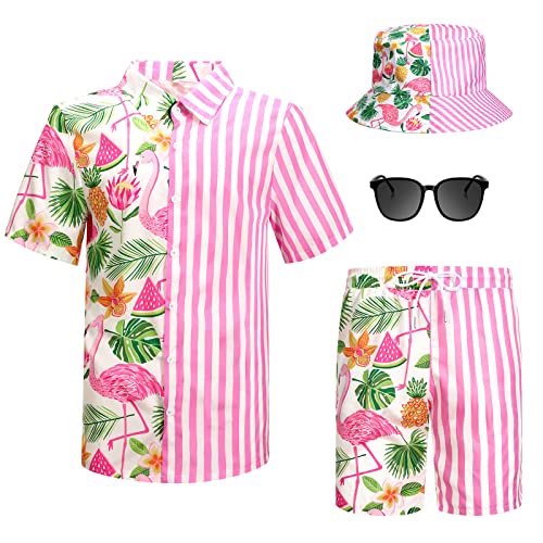 4-teiliges Hawaii-Hemd und kurzes Set für Herren, lässiges Button-Down-Sommer-Strand-Blumen-Outfits mit Hüten und Sonnenbrillen, Flamingo, Large von Harloon