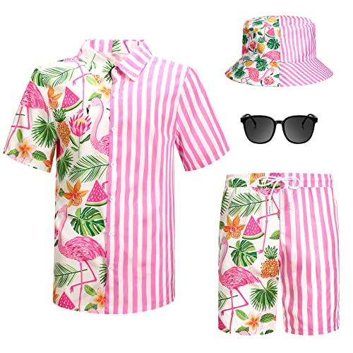 4-teiliges Hawaii-Hemd und kurzes Set für Herren, lässiges Button-Down-Sommer-Strand-Blumen-Outfits mit Hüten und Sonnenbrillen, Flamingo, XXX-Large von Harloon