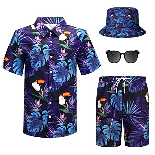 4-teiliges Hawaii-Hemden und Shorts für Herren, tropisch, lässig, mit Knopfleiste, Hemd und Shorts, Anzüge mit Fischerhüten und Sonnenbrille, Palmenblatt, Large von Harloon