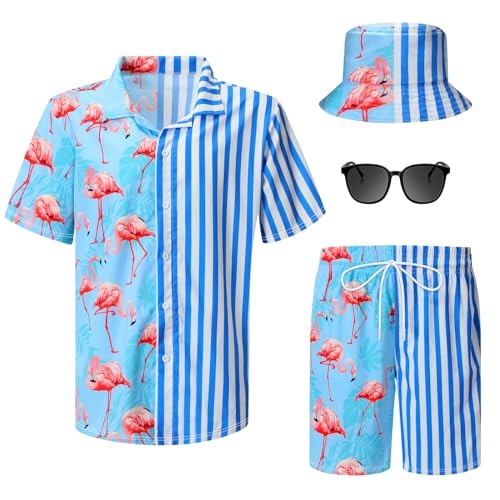 Harloon 4-teiliges Herren-Hawaii-Hemd und Shorts-Set, lässig, Knopfleiste, Sommer, Strand, Blumen-Outfits mit Eimer-Hüten und Sonnenbrillen, Zarter Flamingo, Medium Größe von Harloon