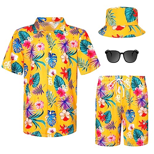 Harloon 4-teiliges Hawaii-Hemd und kurzes Set für Herren, lässiges Button-Down-Sommer-Strand-Blumen-Outfits mit Hüten und Sonnenbrillen, Blumen und Blätter, XX-Large von Harloon