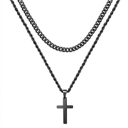 Harlorki Einfache mehrlagige kubanische Gliederkette, Edelstahl, Kreuz-Anhänger, Halskette, Geschenke für Männer, Freund, Modeschmuck (schwarz) von Harlorki