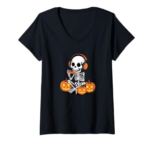 Damen Halloween Skelett Mundharmonika Mundharmonikaspieler T-Shirt mit V-Ausschnitt Damen Halloween Skelett Mundharmonika Mundharmonikaspieler T-Shirt mit V-Ausschnitt von Harmonica Instrument Harmonicist Gifts