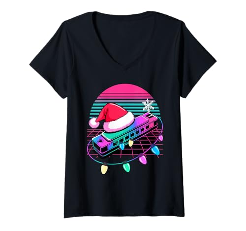 Damen Weihnachten Synthwave Mundharmonika Mundharmonikaspieler T-Shirt mit V-Ausschnitt Damen Weihnachten Synthwave Mundharmonika Mundharmonikaspieler T-Shirt mit V-Ausschnitt von Harmonica Instrument Harmonicist Gifts