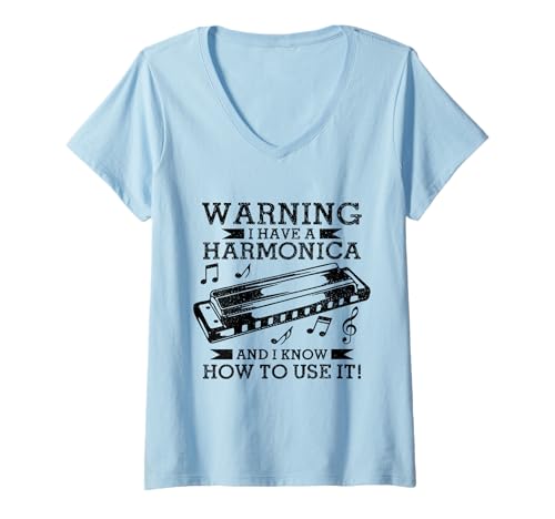 Damen Mundharmonika-Spieler Lustig Vintage Blues Musik Harmoniker T-Shirt mit V-Ausschnitt Damen Mundharmonika-Spieler Lustig Vintage Blues Musik Harmoniker T-Shirt mit V-Ausschnitt von Harmonica Player Apparel & Gifts