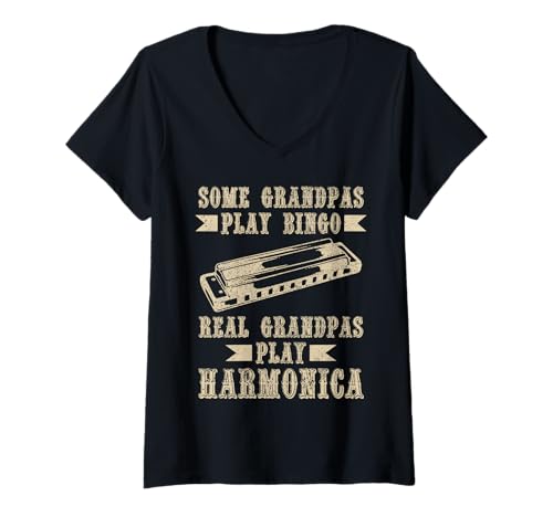 Damen Mundharmonika-Spieler Lustig Vintage Blues Musik Harmoniker T-Shirt mit V-Ausschnitt Damen Mundharmonika-Spieler Lustig Vintage Blues Musik Harmoniker T-Shirt mit V-Ausschnitt von Harmonica Player Apparel & Gifts