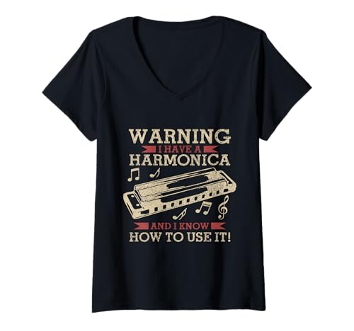 Damen Mundharmonika-Spieler Lustig Vintage Blues Musik Harmoniker T-Shirt mit V-Ausschnitt Damen Mundharmonika-Spieler Lustig Vintage Blues Musik Harmoniker T-Shirt mit V-Ausschnitt von Harmonica Player Apparel & Gifts