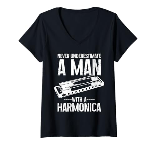 Damen Unterschätzen Sie nie einen Mann mit einem Mundharmonika-Mundharmoniker T-Shirt mit V-Ausschnitt Damen Unterschätzen Sie nie einen Mann mit einem Mundharmonika-Mundharmoniker T-Shirt mit V-Ausschnitt von Harmonica Player Apparel & Gifts