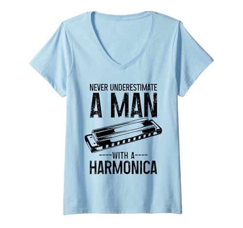 Damen Unterschätzen Sie nie einen Mann mit einem Mundharmonika-Mundharmoniker T-Shirt mit V-Ausschnitt Damen Unterschätzen Sie nie einen Mann mit einem Mundharmonika-Mundharmoniker T-Shirt mit V-Ausschnitt von Harmonica Player Apparel & Gifts