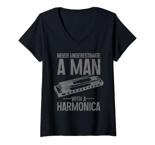 Damen Unterschätzen Sie nie einen Mann mit einem Mundharmonika-Mundharmoniker T-Shirt mit V-Ausschnitt Damen Unterschätzen Sie nie einen Mann mit einem Mundharmonika-Mundharmoniker T-Shirt mit V-Ausschnitt von Harmonica Player Apparel & Gifts