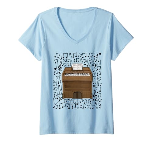 Damen Harmonium Musiknoten Kirchenorganist Pumporgel T-Shirt mit V-Ausschnitt Damen Harmonium Musiknoten Kirchenorganist Pumporgel T-Shirt mit V-Ausschnitt von Harmonium Music Notation Church Organ By DoodleRob